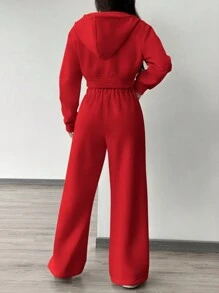 Muchica Set de 2 piezas de chaqueta con capucha y pantalones de punto para mujer, conjunto deportivo con cremallera, color rojo - Rojo - Ver 2
