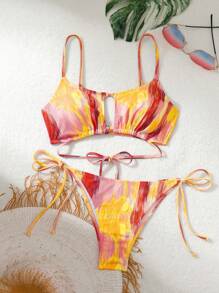 SHEIN Swim Summer Beach Women's Tie-Dye Halter Neck Bikini Swimwear Set For Vacation - Multicolor - View 2