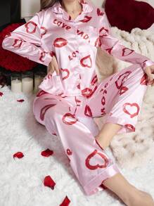 红唇和心形印花仿丝翻领睡衣套装，秋季服装 - 粉色 - 查看 1