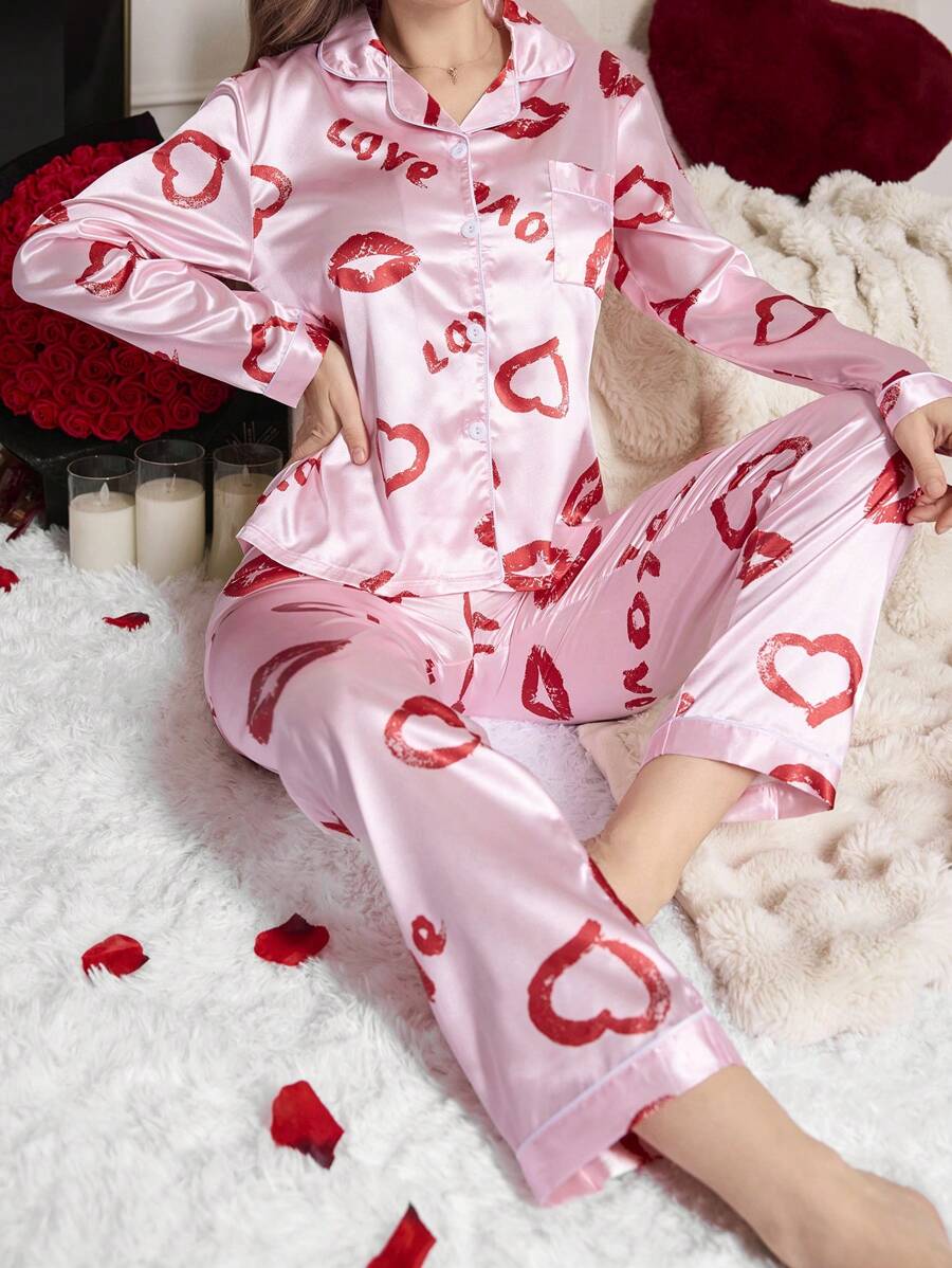 红唇和心形印花仿丝翻领睡衣套装，秋季服装 - 粉色 - 查看 1
