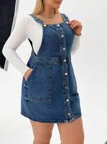 RueChic Plus Slant Pocket Button Front Overall Denim Dress - Medium Wash - View 3
