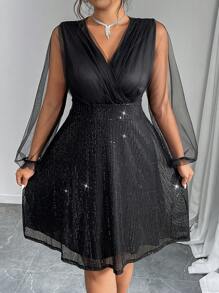 SHEIN Unity Plus Size Mesh Contrast Long Sleeve Casual Short Dress - Black - View 5