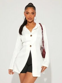 SHEIN SXY Abrigo blanco de corte regular para mujer con textura jacquard para otoño e invierno - Blanco - Ver 1