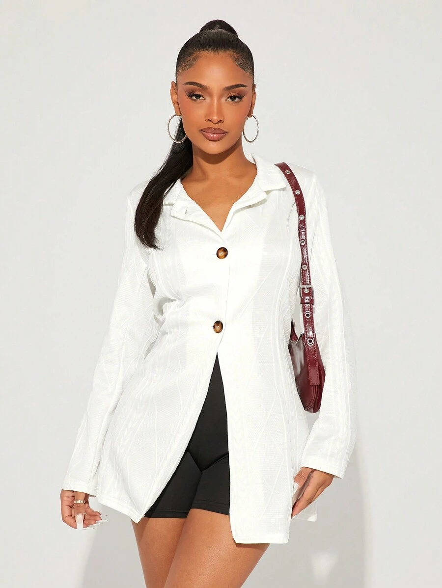 SHEIN SXY Abrigo blanco de corte regular para mujer con textura jacquard para otoño e invierno - Blanco - Ver 1