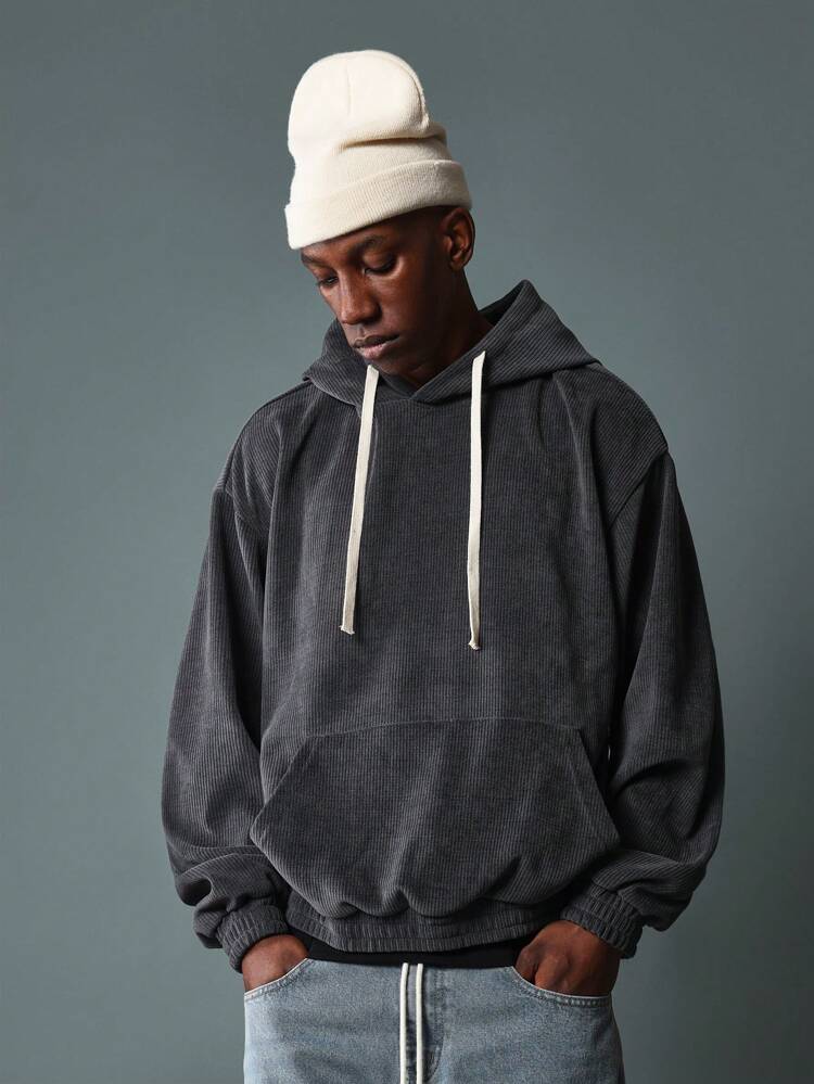 Corduroy Plush Oversized Drawstring Pullover Hoodie