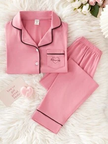 SHEIN Girls Long Sleeve Top And Pants Watermelon Print Casual Two-Piece Pajamas Set