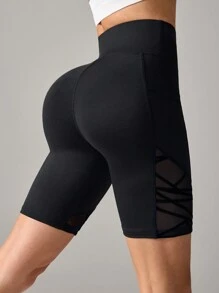 Pantalones cortos deportivos sin costuras de talle alto con malla y aplicación de felpa