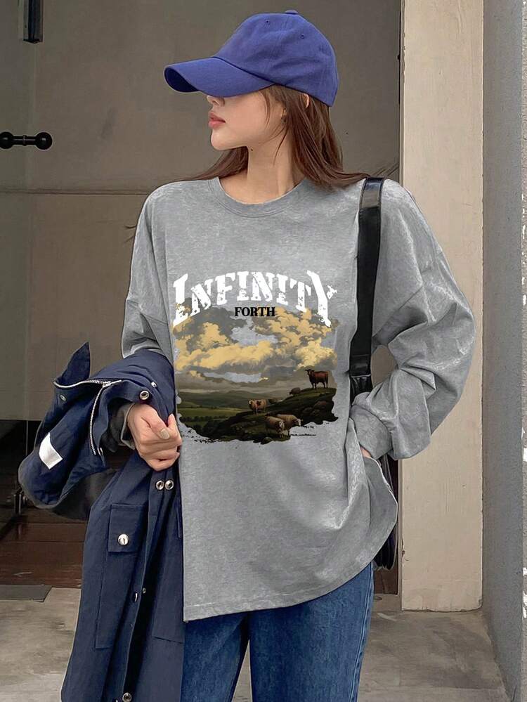 Women's Round Neck Landscape Print Short Sleeve T-Shirt, Gray, Spring/Summer/Autumn Long Sleeve Women Tops,Fall Women Clothes