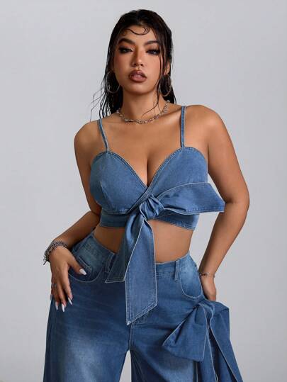 SHEIN ICON Plus Size Women Knotted Front Cut Short Sexy Camisole