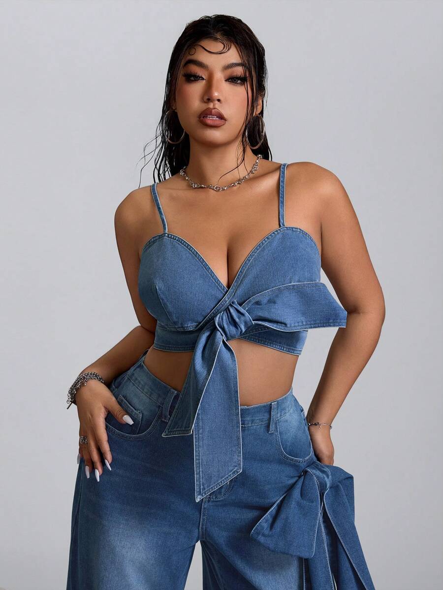 SHEIN EZwear 大码女式前打结短款性感吊带背心 - 藍色 - 查看 1