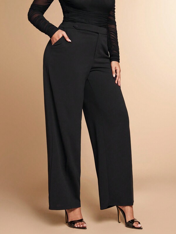 SHEIN BAE Plus Size Women's Black Waist Asymmetric Button Straight Suit Pants Suitable For Going Out, Dating,Baggy Pants,Wide Leg Pants,Christmas,Curve,Pants Suit,Elegance