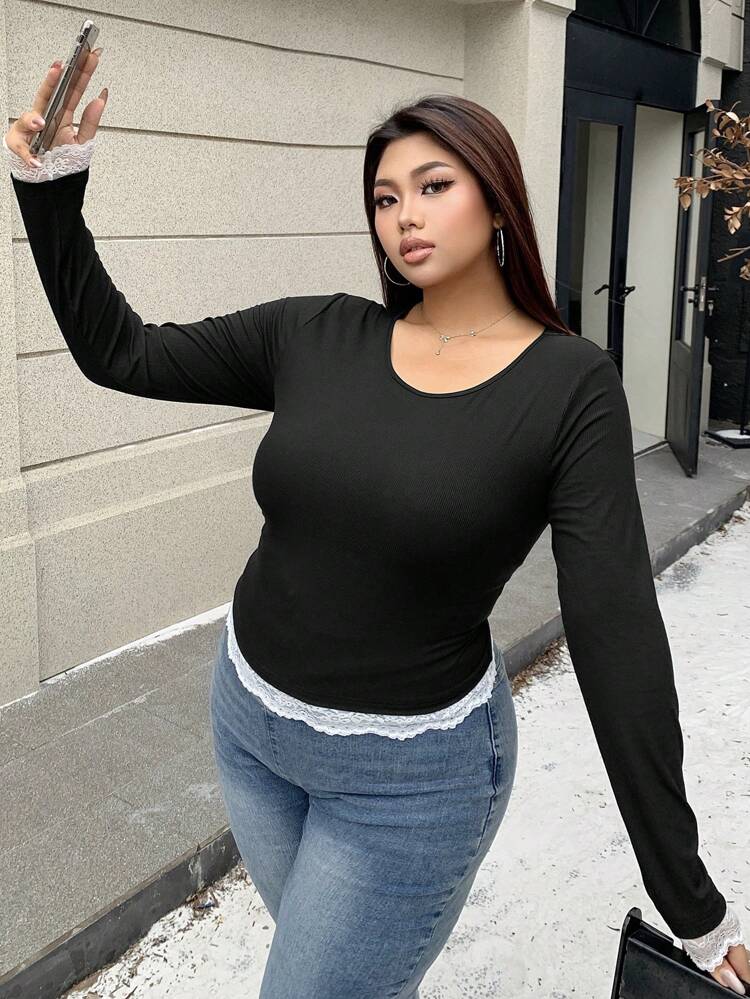 Dazy Petite Plus Round Neck Solid Color Contrast Lace Slim Fit Long Sleeve T-Shirt, Black, Spring/Summer/Autumn,Fall Women Clothes