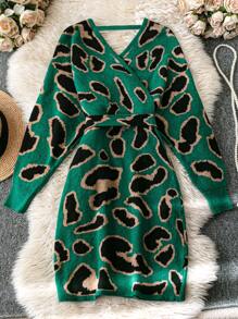 SHEIN Clasi 2024 New Stylish Leopard Print Cross Neck Knitted Sweater Dress For Women - Mint Green - View 2