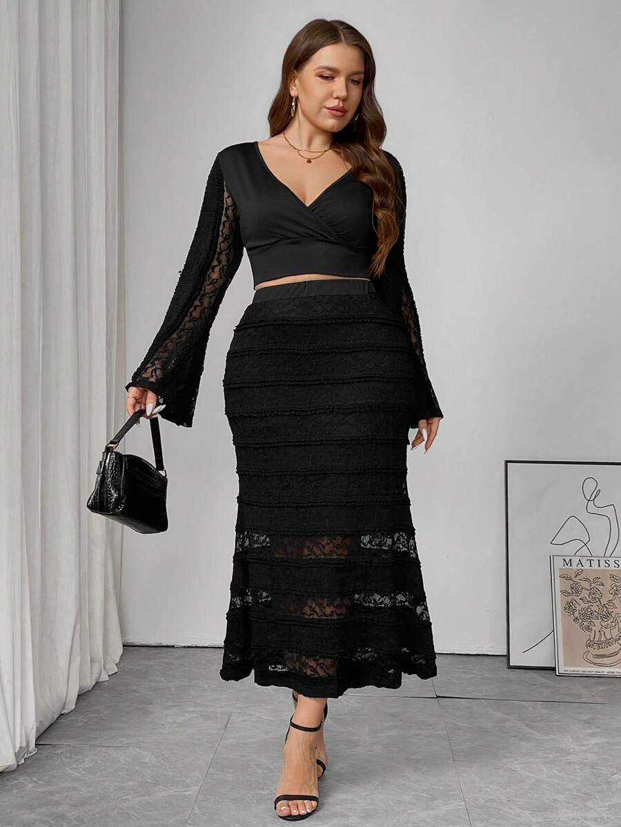 SHEIN Frenchy Plus Size Lace Camisole And Skirt 2 Pieces Outfit, V-Neck Solid Color Top And Skirt Set - Black - View 1