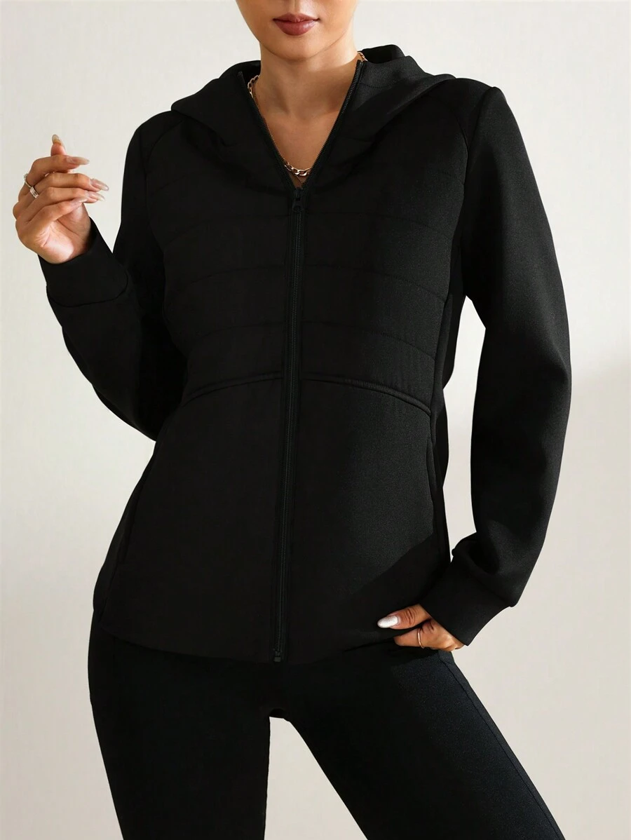 Women's Sporty Casual Warm Padded Coat, Black Zip-Up - Black - View 1