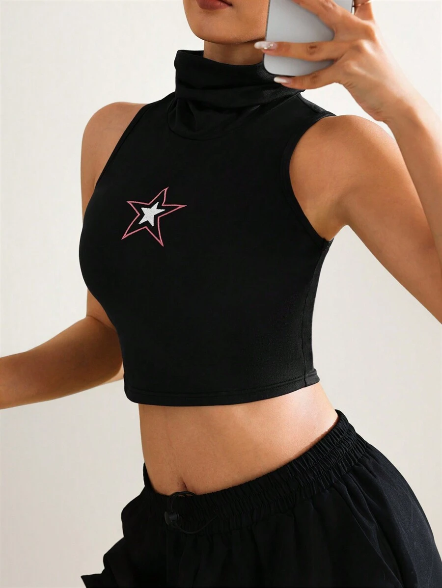 เสื้อแขนกุดคอสูง พิมพ์ลายดาวแบบง่าย ผู้หญิง เสื้อผ้าใส่ประจำวันแบบเบาๆ - สีดำ - ดู 1