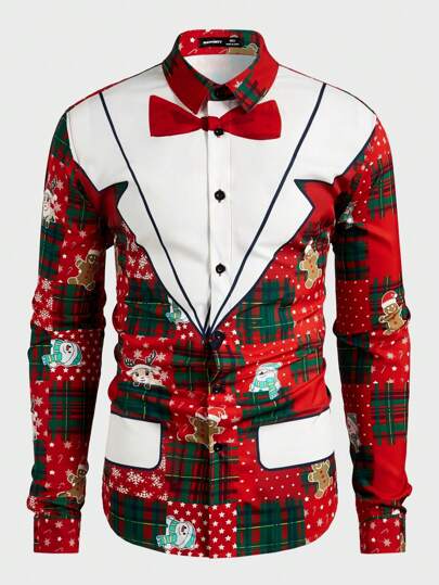 Manfinity VCAY Men's Santa Claus Woven Slim Fit Casual Turndown Collar Bow Print Long Sleeve Shirt, Suitable For Autumn/Christmas