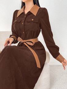 Modelyn Women's Autumn Casual Retro Color Block Lapel Button Front Long Dress Long Evening Dresses - Coffee Brown - View 4