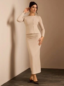 Glamine 2pcs Set: Elegant Asymmetric Cardigan & Fitted Ribbed Hem Long Skirt, Casual Wear For Women, Autumn/Winter Fall Cloth For Women