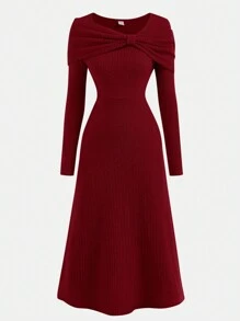 Girlism 少女纯色蝴蝶领罗纹长袖修身 A 字裙，优雅大方，适合外出、聚会、秋冬季