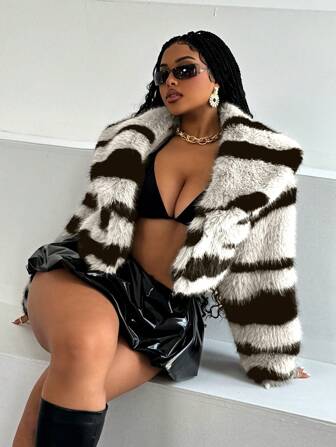 Maweii Plus Size Stijlvol Contrast Kleur Fluffy Cropped Jasje, Herfst/Winter