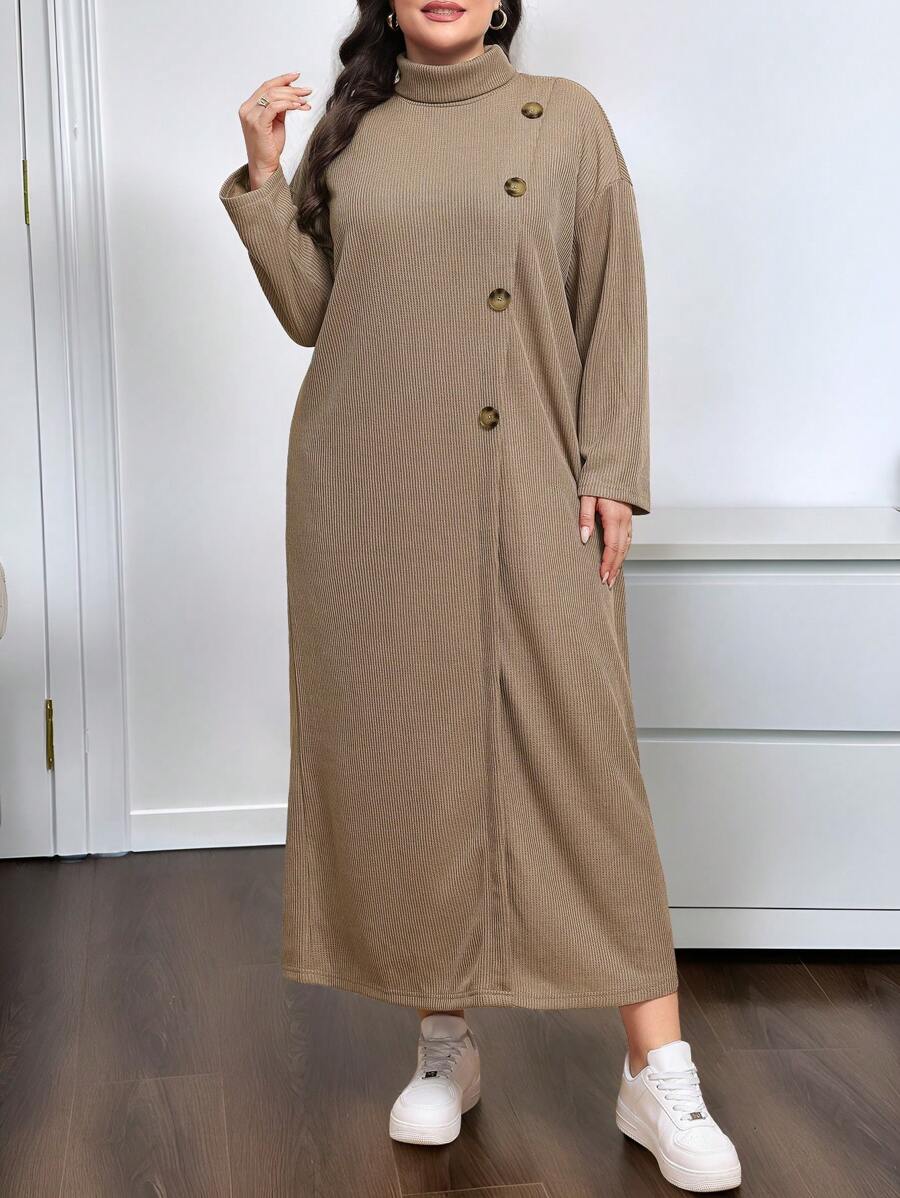 Mulvari Plus Size Women's Solid Color Drop Shoulder Long Sleeve Mock Neck Button Decor Knit Sweater Dress, Autumn/Winter - Brown - View 1