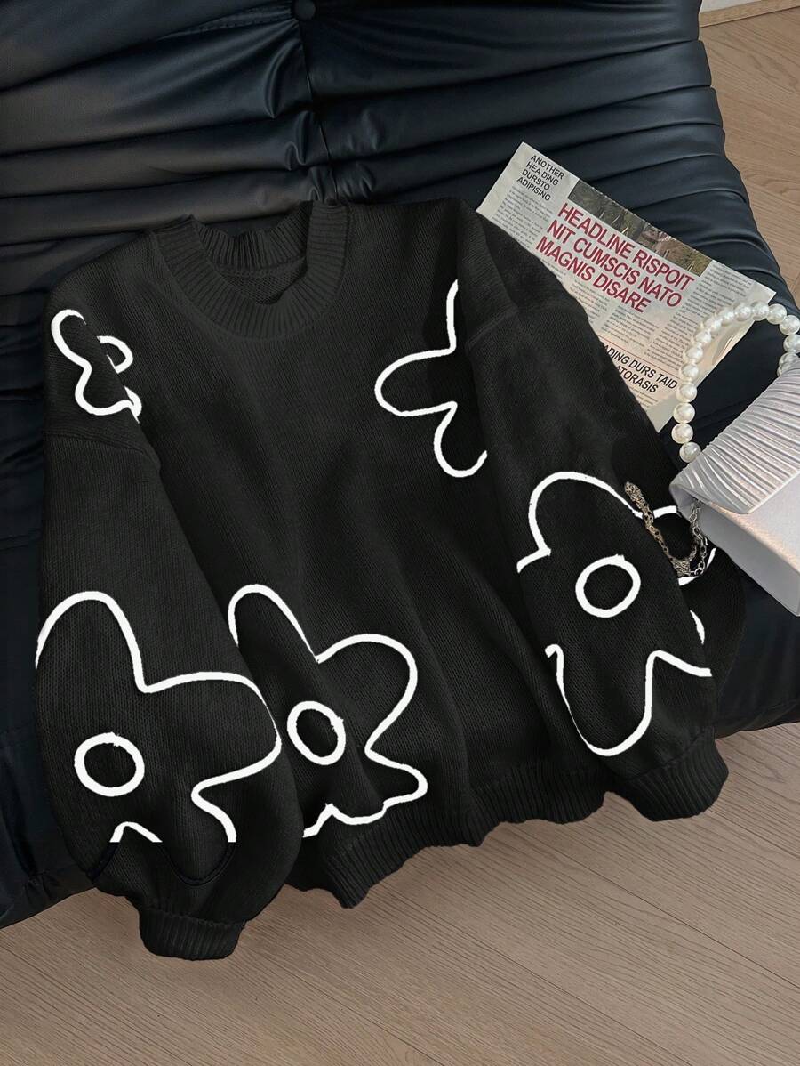 SHEIN Frenchy Plus Size Women Floral Line Pattern Pullover Sweater, New Style For Autumn/Winter - Black - View 1