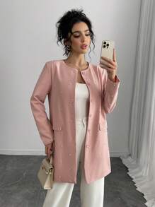 SHEIN Unity 女士简约休闲纯色仿珍珠夹克 - 粉色 - 查看 1