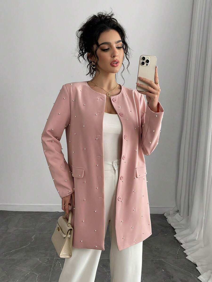 SHEIN Unity 女士简约休闲纯色仿珍珠夹克 - 粉色 - 查看 1