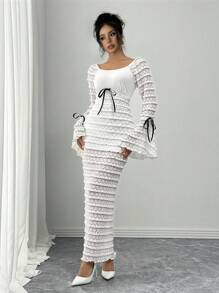 Calvaya Romantic Elegant Sexy Lace Splice Flare Sleeve Slim Fit Long Dress Maxi Women Outfit