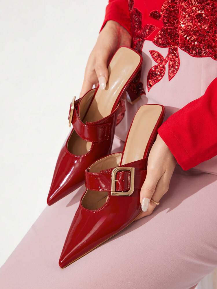 CUCCOO CHICEST Zapatos de tacón alto de stilettos de punta fina con hebilla de metal, color burdeos, de moda para mujeres para dar un toque navideño y de Año Nuevo, apropiados para otoño e invierno