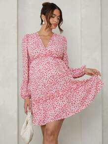 MaterniChic Maternity Autumn Ditsy Floral Ruffle Trim Dress, Fit For Valentine's Day, Party, Baby Shower - Pink - View 5