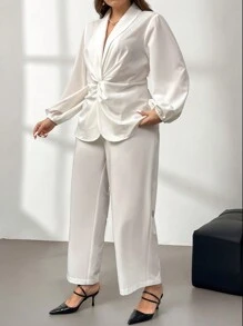 SHEIN Privé 大码优雅休闲通勤扭纹灯笼袖衬衫和直筒裤套装，百搭纯色套头两件套西装，秋冬 - 白色 - 查看 4