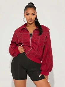 SHEIN SXY Quần áo mùa thu cho nữ; Áo khoác dài tay đa năng thường ngày có khóa kéo màu đỏ cho nữ Áo khoác da giả có họa tiết Áo khoác bóng chày Áo khoác da cũ kỹ cổ điển cho nữ Áo khoác mùa đông cho nữ Áo khoác mùa đông cho nữ Lễ Tạ ơn Áo khoác mùa đông - Đỏ - Xem 5