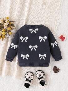 Baby Girl Bow Decor Round Neck Long Sleeve Casual Sweater - Multicolor - View 2