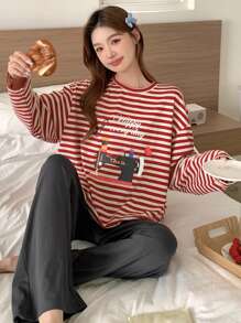 DAZY Graphic Print & Striped Long Sleeve Blouse With Solid Straight Leg Pajama Pants Set