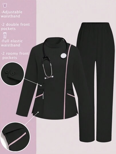 TaskEZ 女式撞色边饰夹克和加长裤套装 手术服套装 护士手术服套装