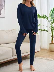 SHEIN Cottnline 2pcs Cotton V Neck Lace Detail Homewear Set - Navy Blue - View 6