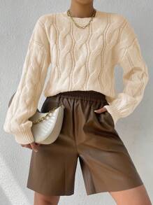 Flirla Cable Knit Drop Shoulder Sweater,Long Sleeve Tops Knit Pullover Fall Winter Outfit