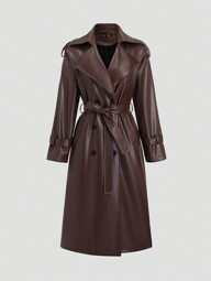 StreetHx Dammode Street Chic PU Läder Lapel Collar Dubbelknäppt bältad lång trenchcoat