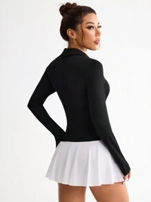 Easithlete Women's Letter Print Turn-Down Collar Long Sleeve Casual Fitness Sports Polo Shirt - Black - View 2