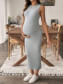 SHEIN 孕妇纯色无袖修身休闲连衣裙 - 灰色 - 查看 3
