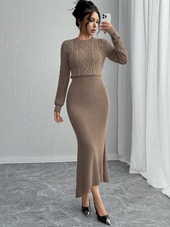 Rafferiza Fitted Round Neck Long Sleeve Warm Cable Knit Mermaid Hem Brown Sweater Dress For Women, Autumn/Winter Fall Cloth For Women