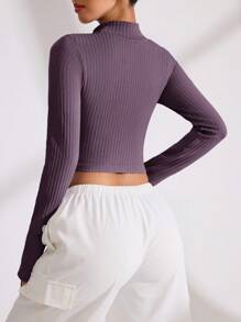SHEIN Sports Women's Solid Color Mock Neck Long Sleeve Cropped Sports T-Shirt - Burgundy - View 2