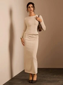 Glamine 2pcs Set: Elegant Asymmetric Cardigan & Fitted Ribbed Hem Long Skirt, Casual Wear For Women, Autumn/Winter Fall Cloth For Women