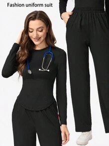 TaskEZ 纯色圆领长袖简约上衣和裤子手术服套装，/医疗保健 - 黑色 - 查看 1