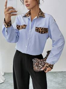 Chiquease Camisa casual con bloques de color de estampado de leopardo y rayas de otoño
