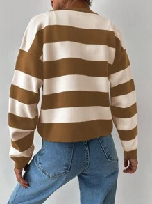 EURMUSE Women's Striped Long Sleeve Single-Breasted Casual Cardigan For Autumn/Winter - Camel - View 2