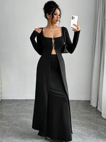 Chiquease 女士秋季纯色方领长袖镂空长上衣和长裙套装，时尚两件套服装