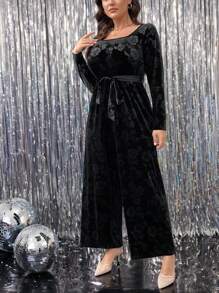 SHEIN Clasi Plus Size Long Sleeve Elegant Solid Color Tie-Waist Minimalist Fashion Jumpsuit - Black - View 6